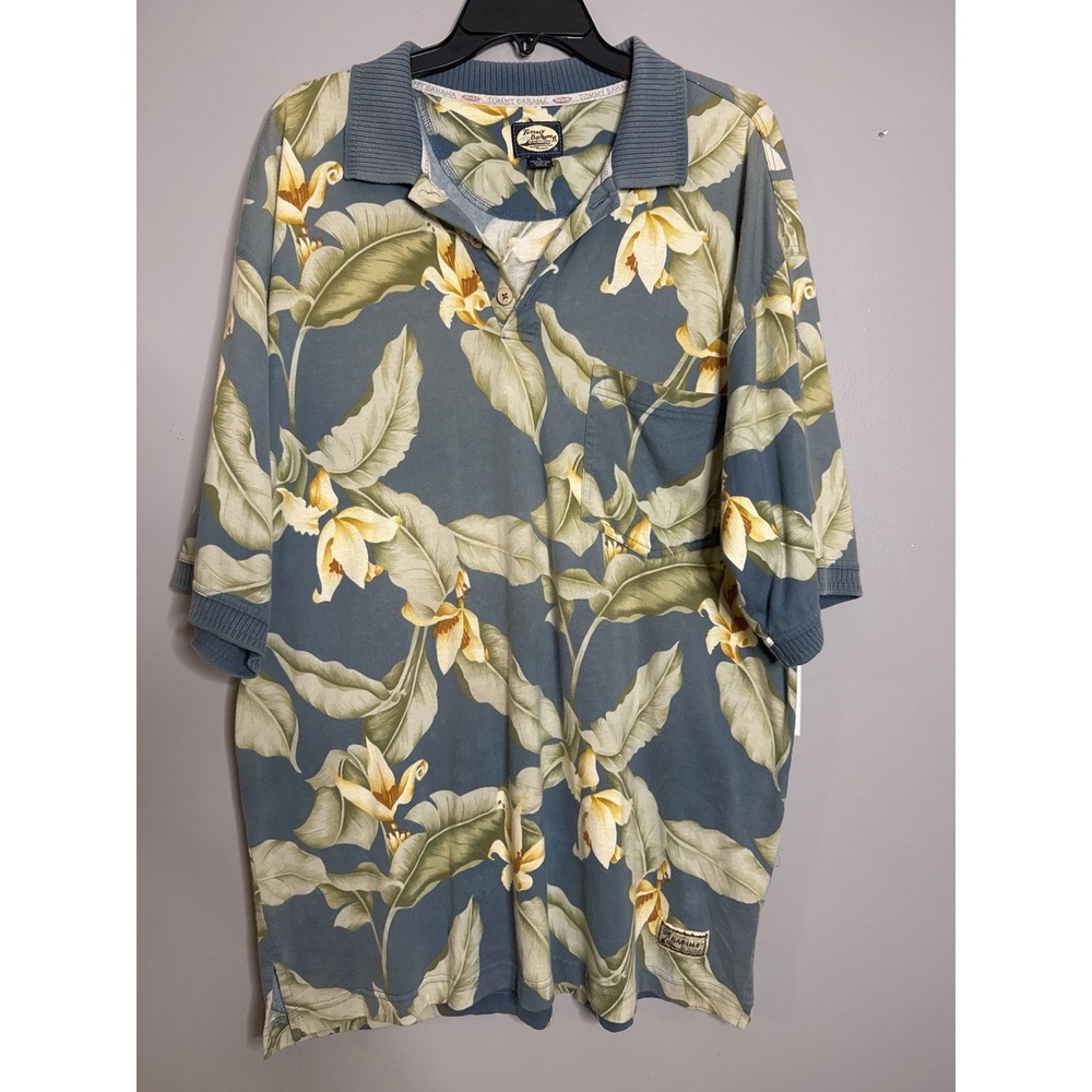 Tommy Bahama Polo Shirt Mens XL Blue Floral‎ Hawaiian 100% Cotton Short Sleeve